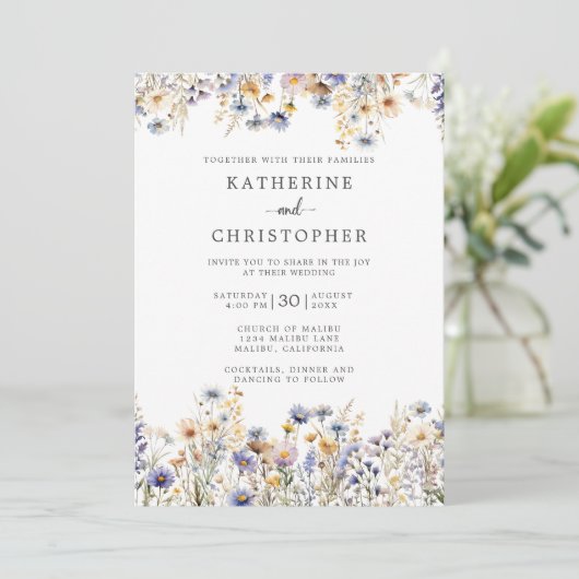 Dusty Blue Wildflowers formele bruiloft Kaart (Staand voorkant)