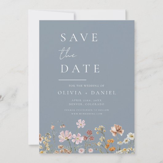 Dusty Blue Wildflowers Foto Boho Bewaar de datum Save The Date (Voorkant)