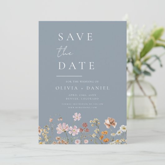 Dusty Blue Wildflowers Foto Boho Bewaar de datum Save The Date (Staand voorkant)