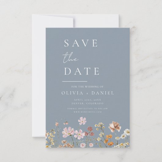 Dusty Blue Wildflowers Foto Boho Bewaar de datum Save The Date (Voorkant)