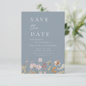 Dusty Blue Wildflowers Foto Boho Bewaar de datum Save The Date (Staand voorkant)