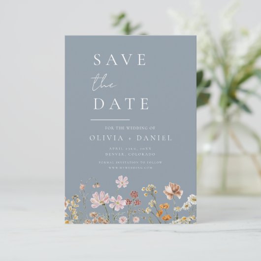 Dusty Blue Wildflowers Foto Boho Bewaar de datum Save The Date (Staand voorkant)