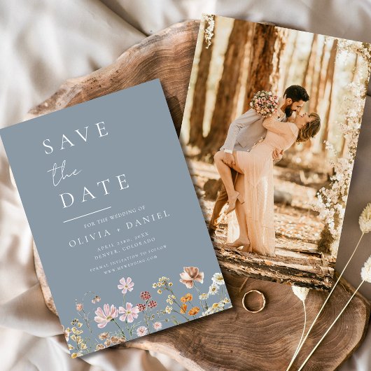 Dusty Blue Wildflowers Foto Boho Bewaar de datum Save The Date