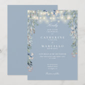 Dusty Blue Wildflowers String Lights Wedding Kaart (Voorkant / Achterkant)