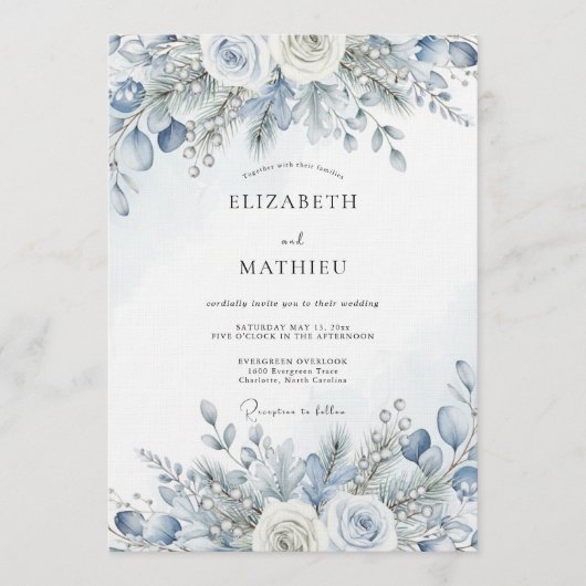 Dusty Blue Winter Bloom Wedding Kaart (Voorkant)