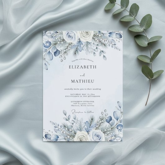 Dusty Blue Winter Bloom Wedding Kaart