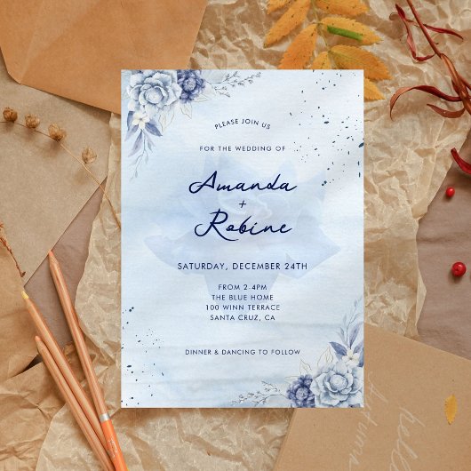 Dusty Blue Winter Floral Wedding Kaart