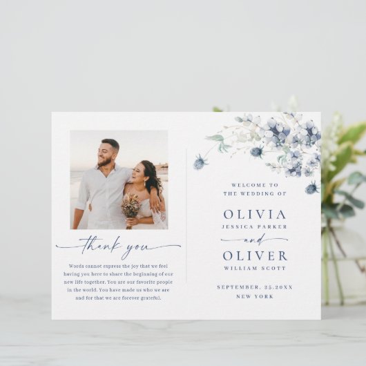 Dusty Blue Winter Foliage Wedding Ceremony Program (Staand voorkant)