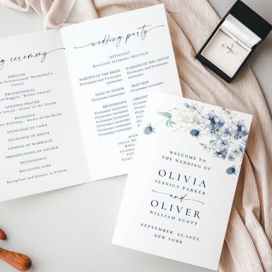 Dusty Blue Winter Foliage Wedding Ceremony Program