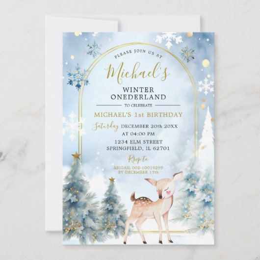 Dusty Blue Winter ONEderland Forest 1st Birthday Kaart (Voorkant)