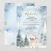 Dusty Blue Winter ONEderland Forest 1st Birthday Kaart (Voorkant / Achterkant)