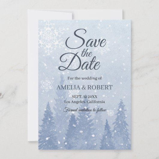 Dusty Blue Winter Scene Save The Date (Voorkant)