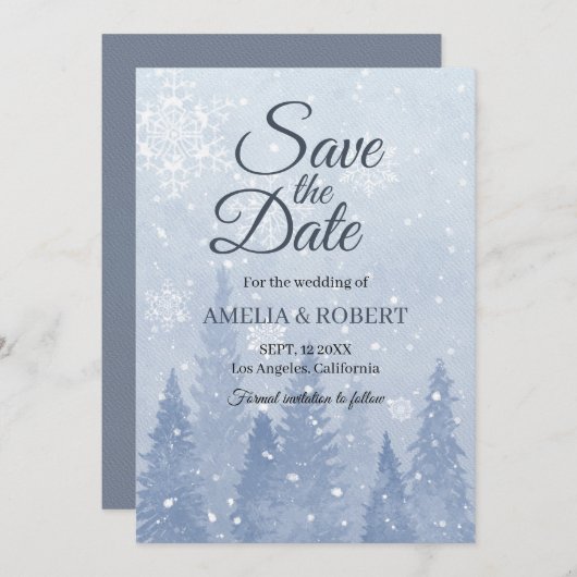Dusty Blue Winter Scene Save The Date (Voorkant / Achterkant)