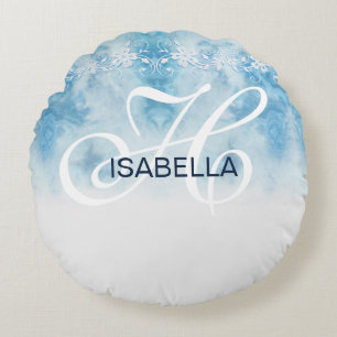 Dusty Blue Winter Script Calligraphy Monogram Rond Kussen