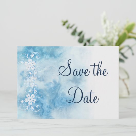 Dusty Blue Winter Script Calligraphy Save the Date (Staand voorkant)