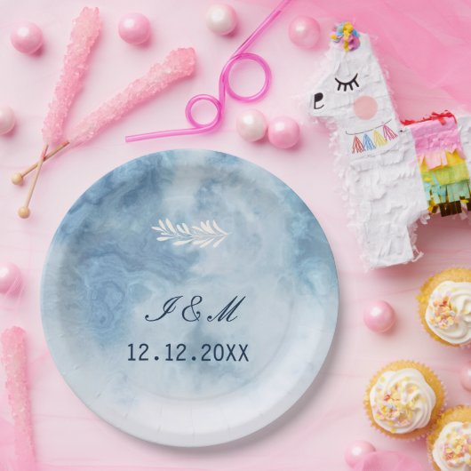 Dusty Blue Winter Script Calligraphy White Branch Papieren Bordje (Feest)