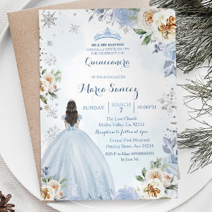 Dusty Blue Winter Season Floral Mis Quince Invite Kaart