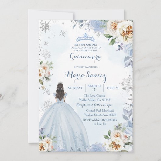 Dusty Blue Winter Season Floral Mis Quince Invite Kaart (Voorkant)
