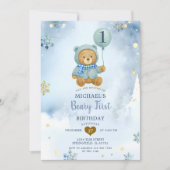 Dusty Blue Winter Snowflake Beary Eerste Verjaarda Kaart (Voorkant)