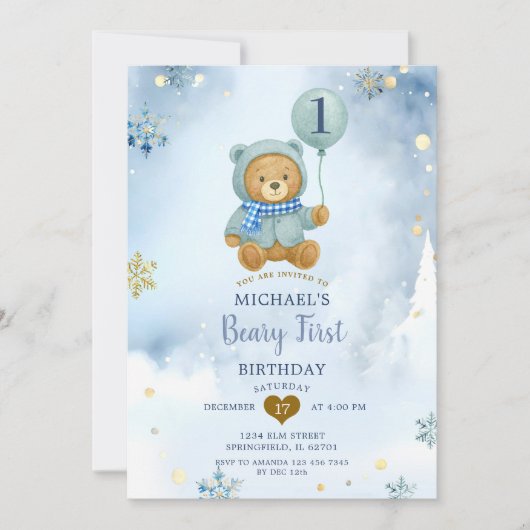 Dusty Blue Winter Snowflake Beary Eerste Verjaarda Kaart (Voorkant)