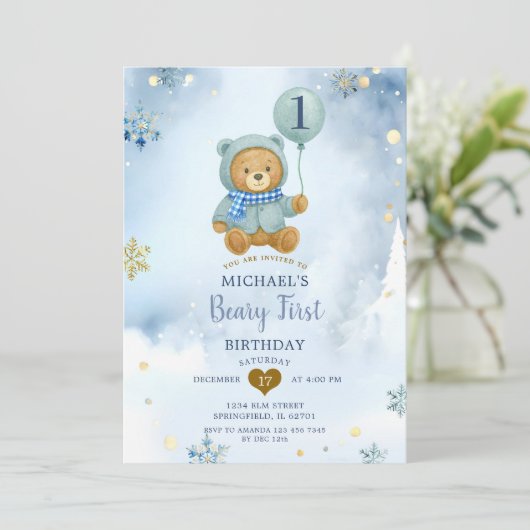 Dusty Blue Winter Snowflake Beary Eerste Verjaarda Kaart (Staand voorkant)