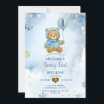 Dusty Blue Winter Snowflake Beary Eerste Verjaarda Kaart<br><div class="desc">Dusty Blue Winter Snowflake Beary Eerste Verjaardag uitnodiging</div>