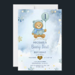 Dusty Blue Winter Snowflake Beary Eerste Verjaarda Kaart<br><div class="desc">Dusty Blue Winter Snowflake Beary Eerste Verjaardag uitnodiging</div>