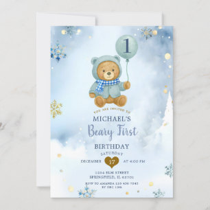Dusty Blue Winter Snowflake Beary Eerste Verjaarda Kaart
