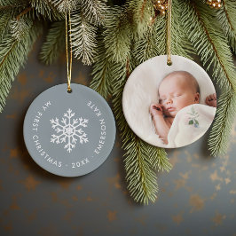 Dusty Blue Winter Snowflake Eerste Kerstfoto Keramisch Ornament