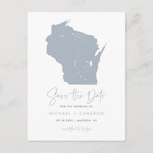 Dusty Blue Wisconsin Kaart QR Code Bewaar de datum (Voorkant)