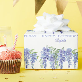 Dusty Blue Wisteria Floral Happy Birthday Wrappin Cadeaupapier