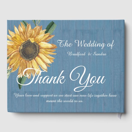 Dusty Blue Wood Zonnebloem Bruiloft Dank u Gastenboek (Achterkant)