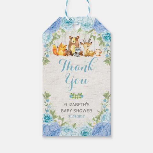 Dusty Blue Woodland Animals Boy Baby shower Favor Cadeaulabel (Voorkant)