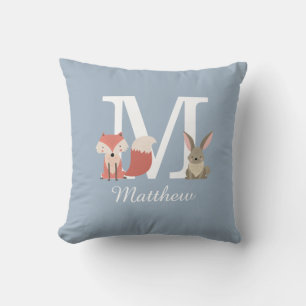 Dusty Blue Woodland Animals Monogram Initiaal Kussen