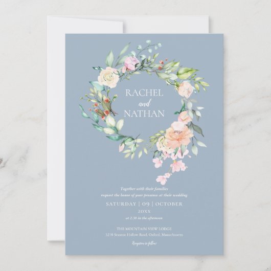 Dusty Blue Woodland Rozen Greenery Floral Wedding Kaart (Voorkant)