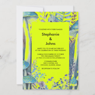 Dusty Blue Woodlands Mushroom Yellow Green Wedding Kaart