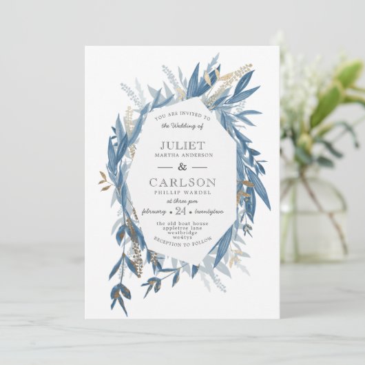 Dusty Blue Wreath met rustiek Kaart (Staand voorkant)