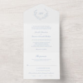 Dusty Blue Wreath Monogram Elegant Trouwen All In One Uitnodiging (Binnen)