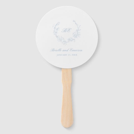 Dusty Blue Wreath Monogram Foto Elegant Huwelijk Handwaaier (Voorkant)