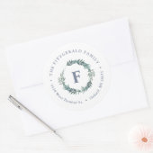Dusty Blue Wreath Monogram Retouradres Ronde Sticker (Envelop)