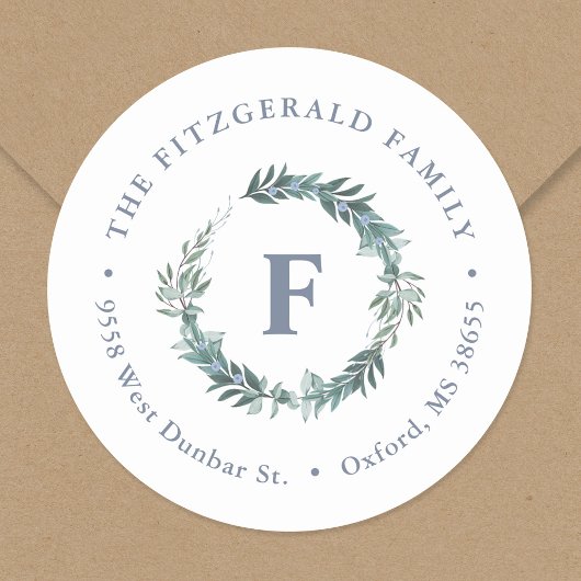 Dusty Blue Wreath Monogram Retouradres Ronde Sticker