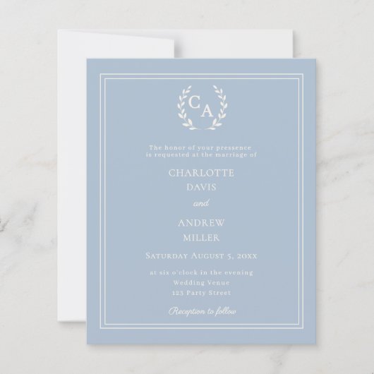 Dusty blue wreath monogram wedding invitation (Voorkant)