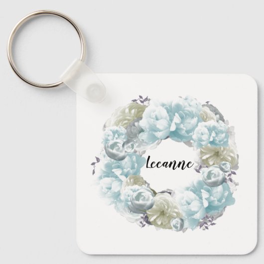 Dusty Blue Wreath Personalized Sleutelhanger (Voorkant)
