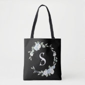 Dusty Blue Wreath Script Initiaal Monogram Zwart Tote Bag (Voorkant)