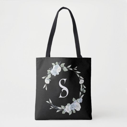 Dusty Blue Wreath Script Initiaal Monogram Zwart Tote Bag (Voorkant)