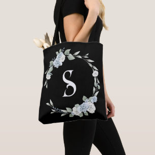 Dusty Blue Wreath Script Initiaal Monogram Zwart Tote Bag