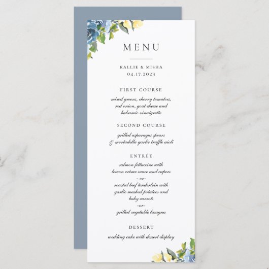 Dusty Blue Yellow Botanical Menu (Voorkant / Achterkant)