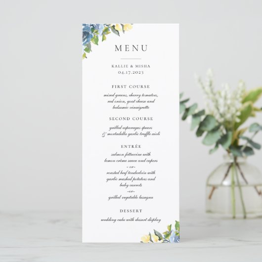 Dusty Blue Yellow Botanical Menu (Staand voorkant)