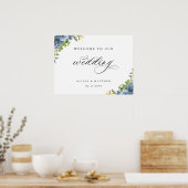Dusty Blue Yellow Botanical Weddenschap Welcome Po Poster (Keuken)