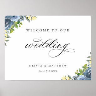Dusty Blue Yellow Botanical Weddenschap Welcome Po Poster